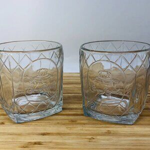 VINTAGE Crown Royal Whiskey Tumbler Glasses Set 2 Square Base Diamond Cathedral